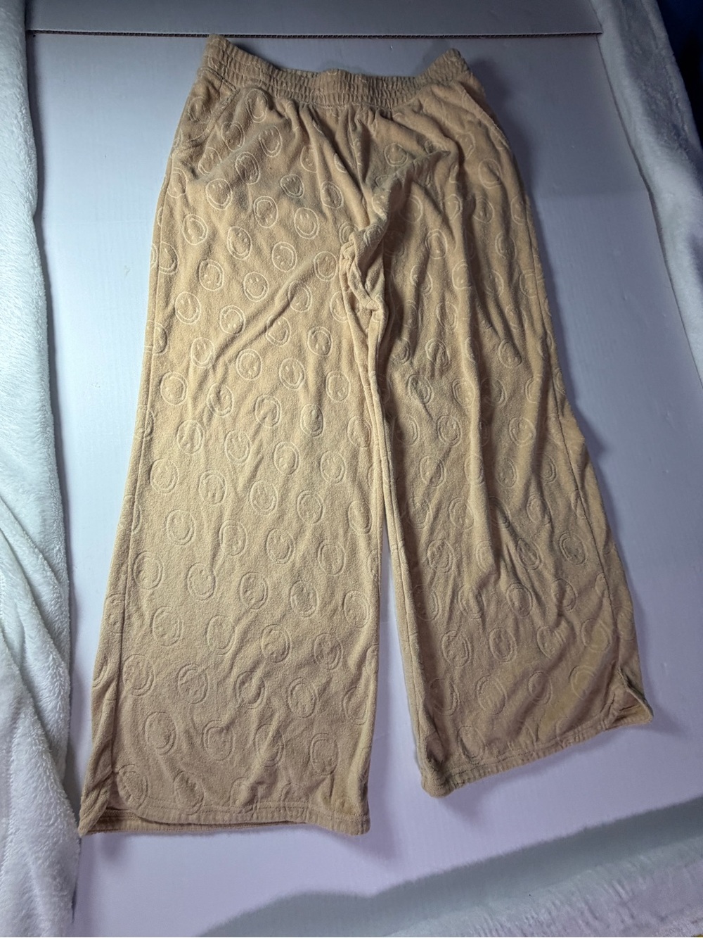 aerie Beige Wide-Leg Cozy Track Pants with smiley faces embossed